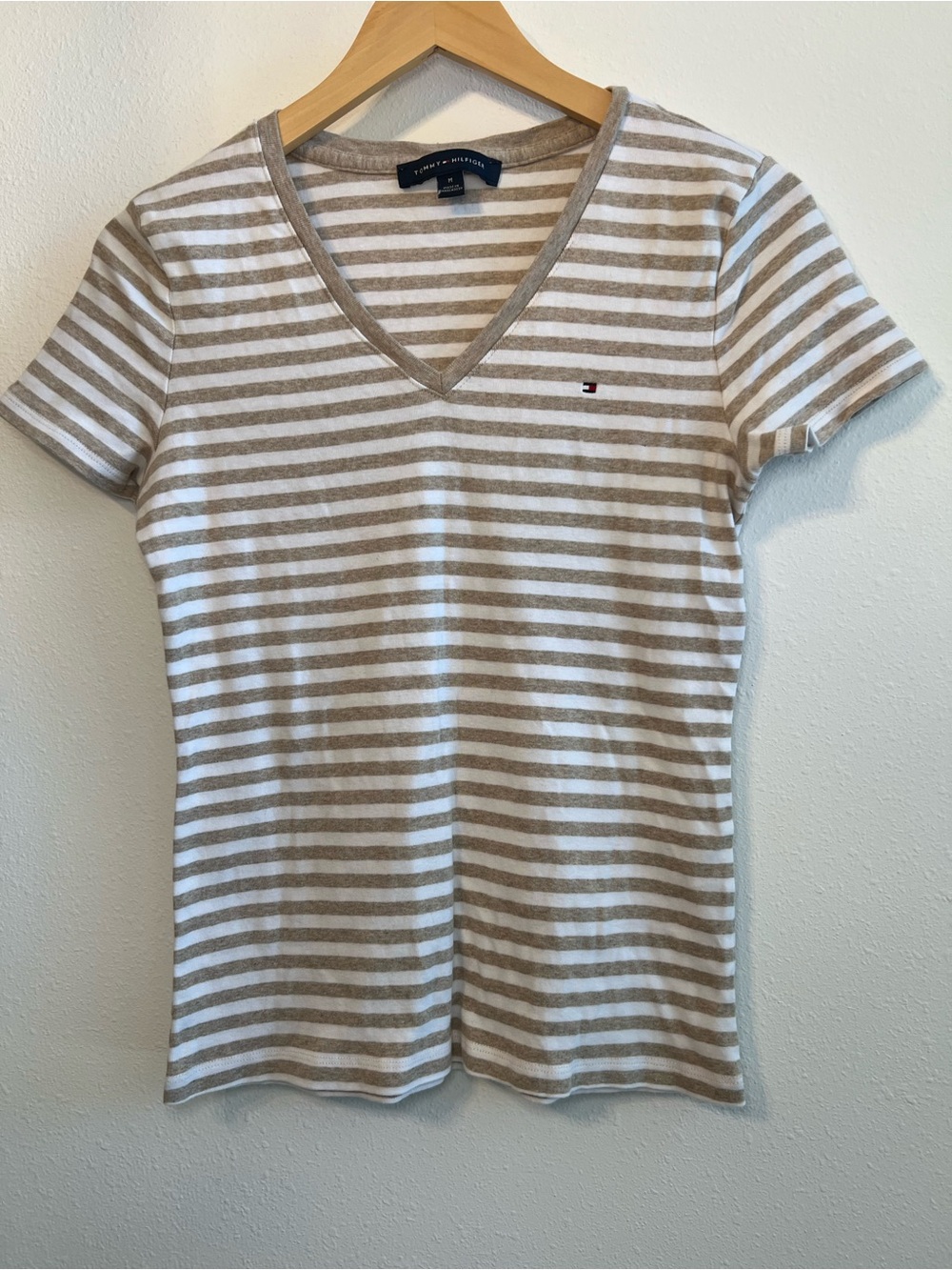 Tommy Hilfiger Beige & White Striped V-Neck Short Sleeve Tee
